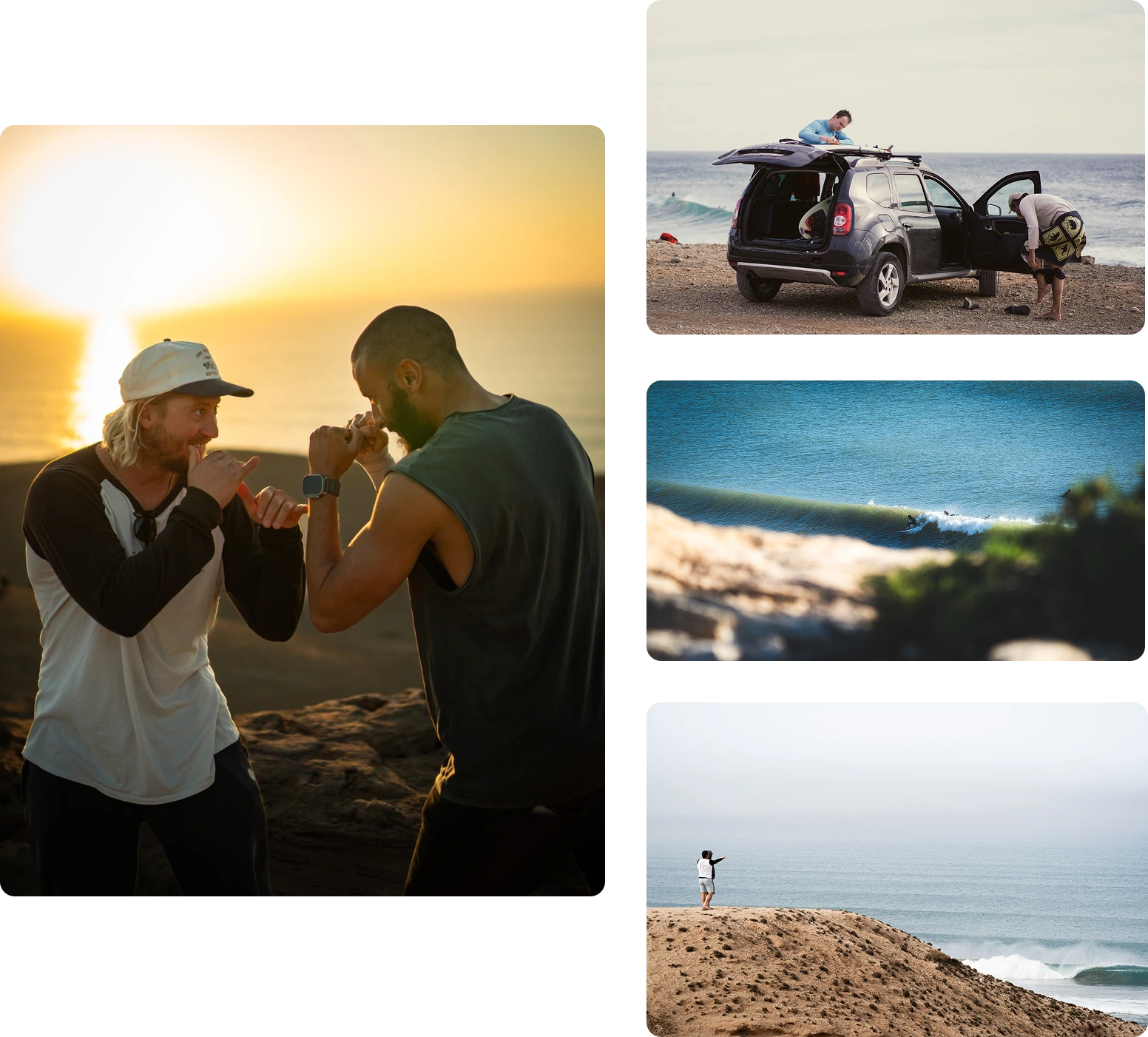 Deux surfeurs se préparant pour une session de surf au coucher du soleil au Maroc.
