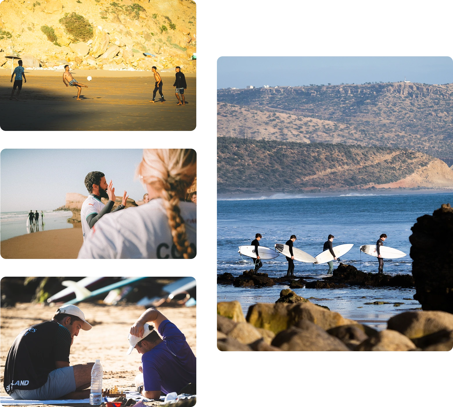 Surfeurs se préparant pour une journée au surf camp au Maroc.